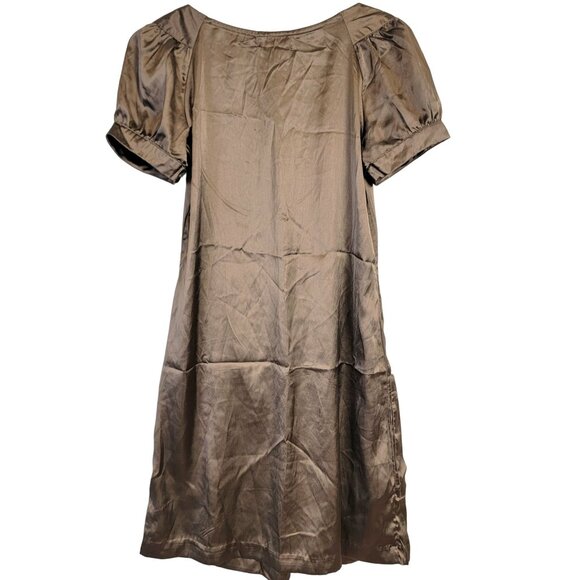Vintage 90s Satin A-line Mini Dress Women Small Brown Pockets Soft 4 6 S Boho S - Picture 3 of 14